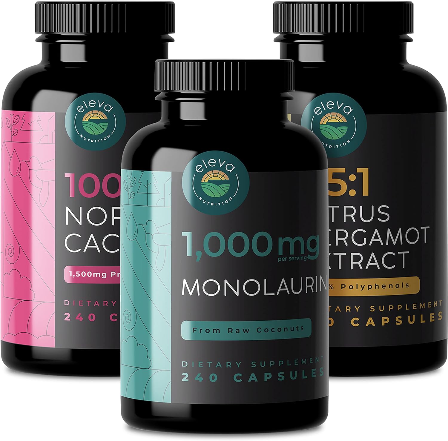 Eleva Nutrition Citrus Bergamot, Nopal Cactus,  Monolaurin Bundle. 1000mg Citrus Bergamot Capsules, 1000mg Monolaurin Capsules, and 1500mg Prickly Pear Cactus Capsules