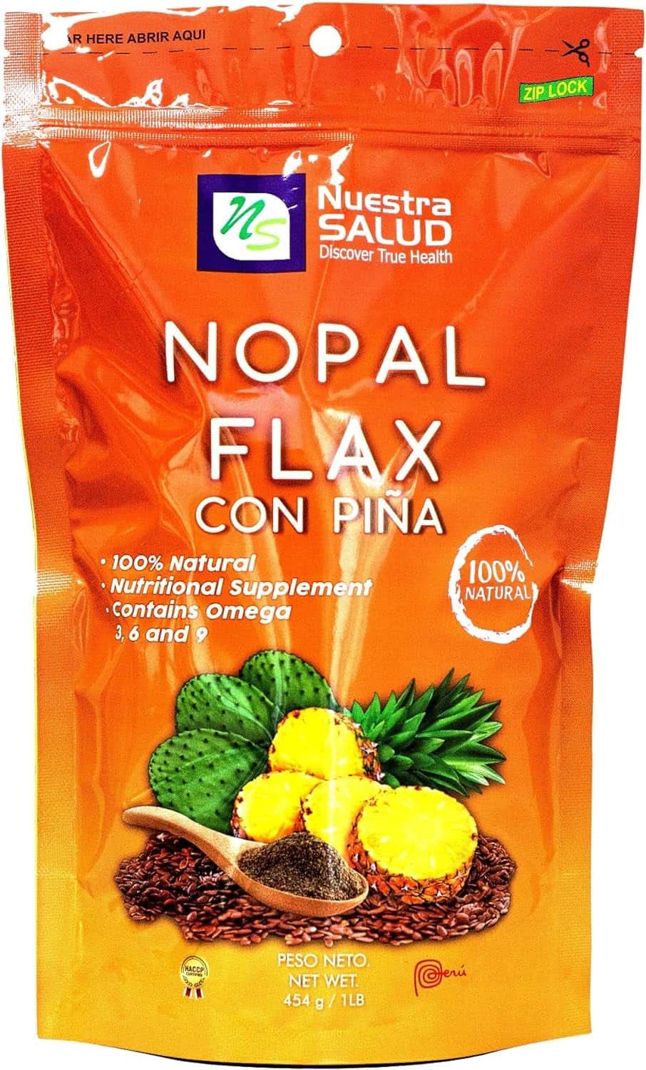 Nuestra Salud Nopal Flax Seed Pineapple - Meal Plus - Milled Flax Seed - 1lb/ 454g - 100% Natural Blend of Ground Linaza Seed and Superfoods (Pineapple/Piña)