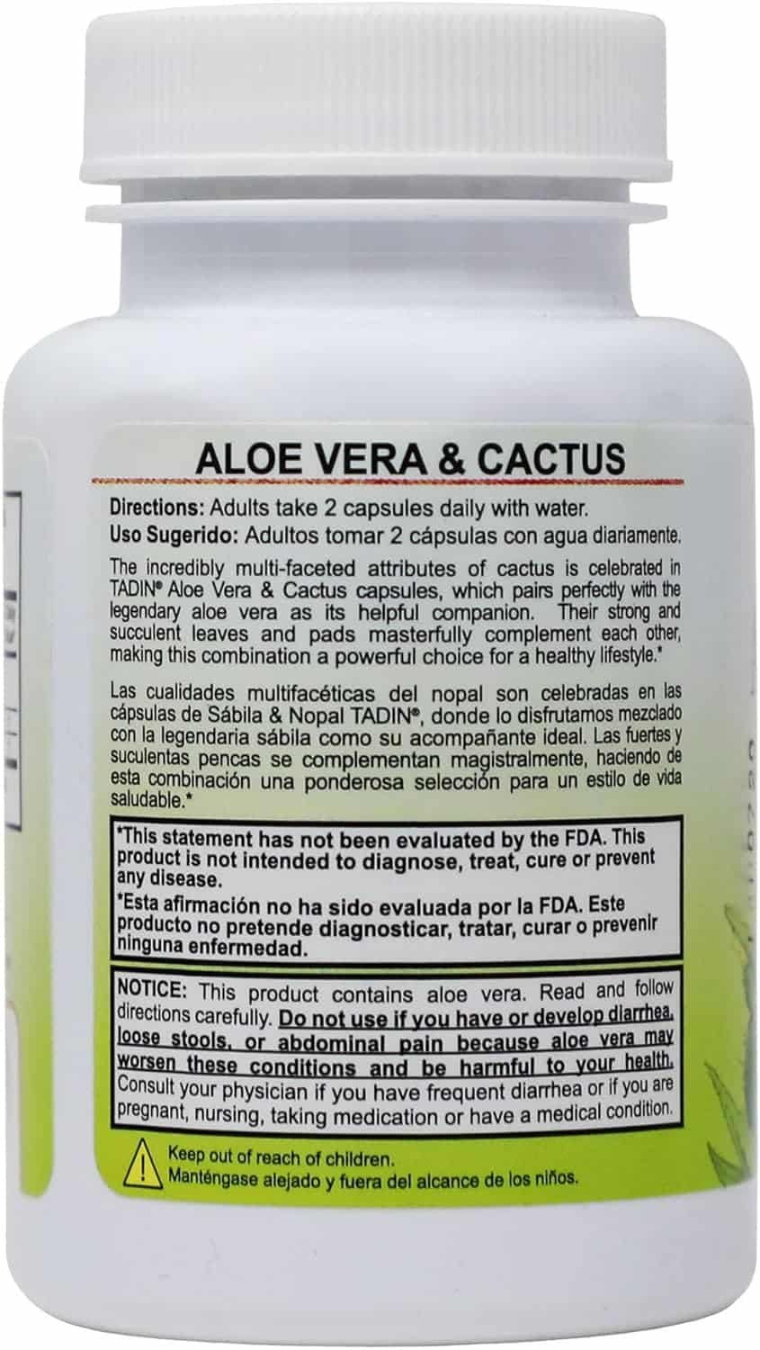 TADIN Aloe Vera and Cactus Capsules, Herbal Supplement, Excellent Fiber Source, 2 Count, 60 Caps Each, 2 Jars TADIN Aloe Vera and Cactus Capsules, Herbal Supplement, Excellent Fiber Source, 2 Count, 60 Caps Each, 2 Jars