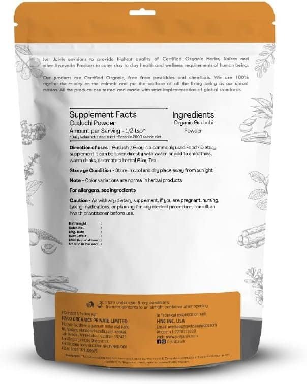 Just Jaivik USDA Certified Organic Guduchi Powder-Giloy Powder (Tinospora Cordifolia)- 227G/ 0.5 LB - an AYURVEDIC Supplements to Support Immunity