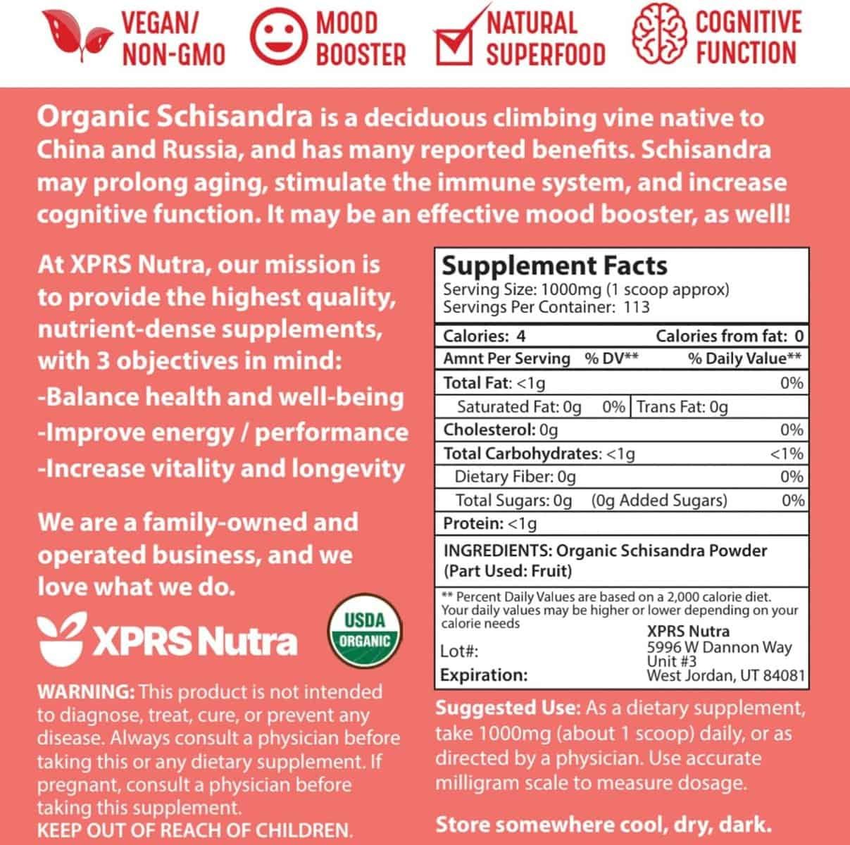 XPRS Nutra Organic Schisandra Berry Powder Extract - Premium USDA Organic Schisandra Powder for Cognition and Immunity - Vegan Friendly Berry Superfood (8 oz)