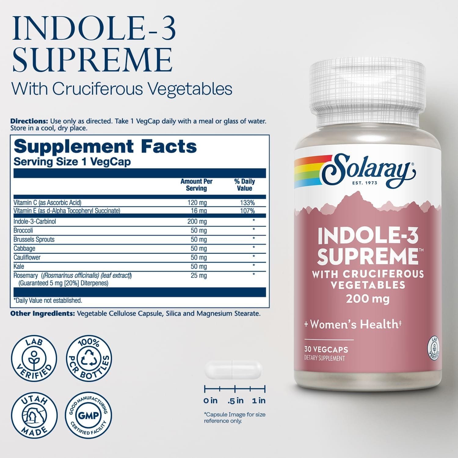 Solaray Indole-3 Supreme with Cruciferous Vegetables - Womens Health Support - DIM Plus Broccoli, Kale, and More - Lab Verified, 60-Day Guarantee - 30 Servings, 30 VegCaps Solaray Indole-3 Supreme with Cruciferous Vegetables - Womens Health Support - DIM Plus Broccoli, Kale, and More - Lab Verified, 60-Day Guarantee - 30 Servings, 30 VegCaps