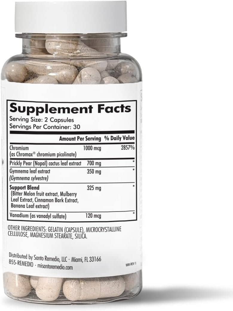 Santo Remedios Exclusive Formula with Nopal, Chromium Picolinate (Chromax), Gurmar (Gymnema Silvestre), and Vanadyl Sulfate. 60 Capsules (30 Servings)