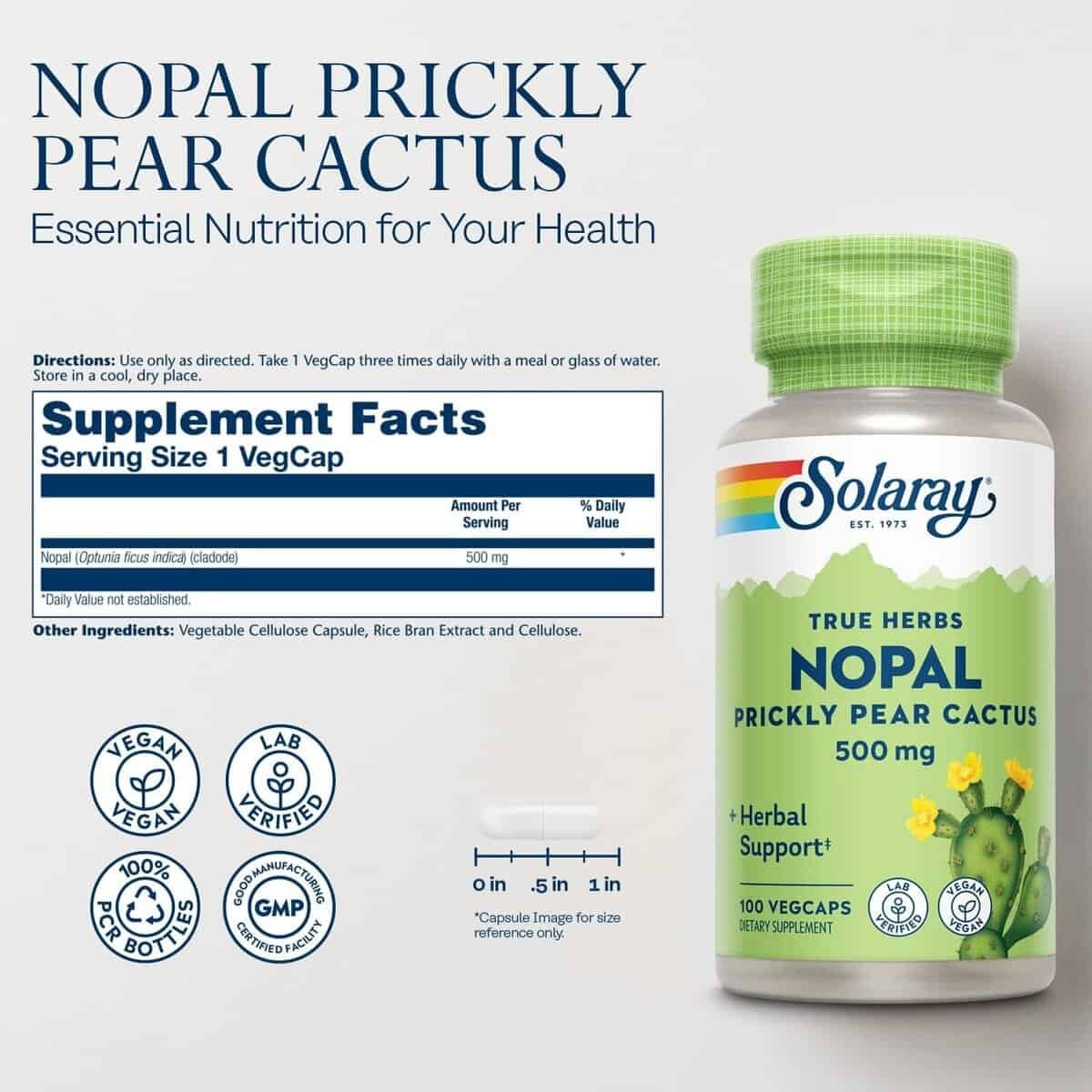 SOLARAY Nopal Prickly Pear Cactus Capsules - 500 mg per Serving, Rich in Naturally Occuring Fiber, Antioxidants, and Carotenoids, Provides Key Nutrients in a Vegan Formula - 100 Count VegCaps