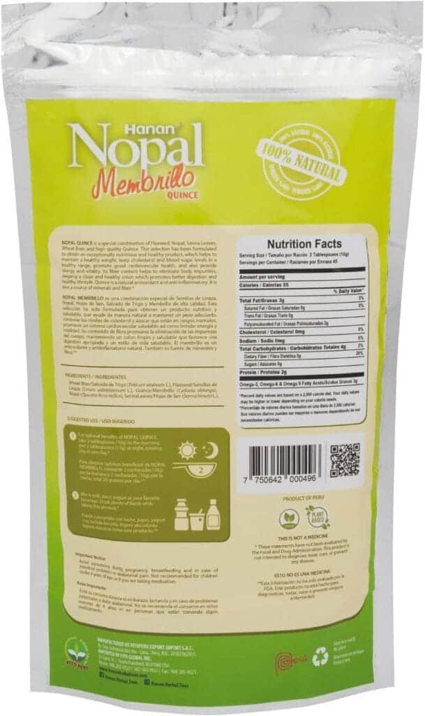 HANAN PERUVIAN SECRETS Nopal Mix with Quince (Membrillo) 1 lb - Fiber Supplement from Peru